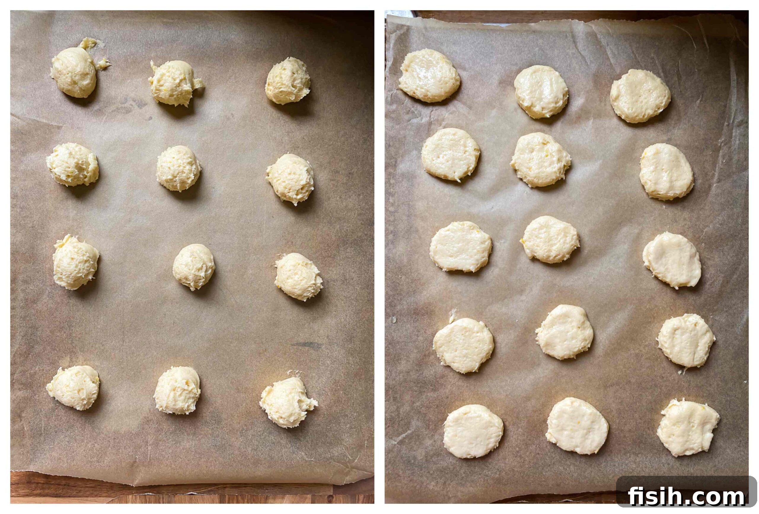 A step-by-step image showcasing the ricotta cookie baking process, from dough to unbaked cookies on a baking sheet.