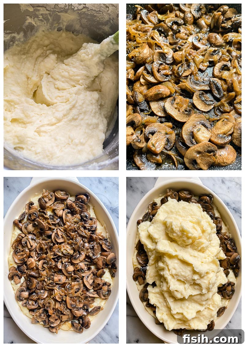 Creamy Potato Bake with Caramelized Onions and Mushrooms 4 Step-by-step process images for preparing the baked mashed potatoes casserole