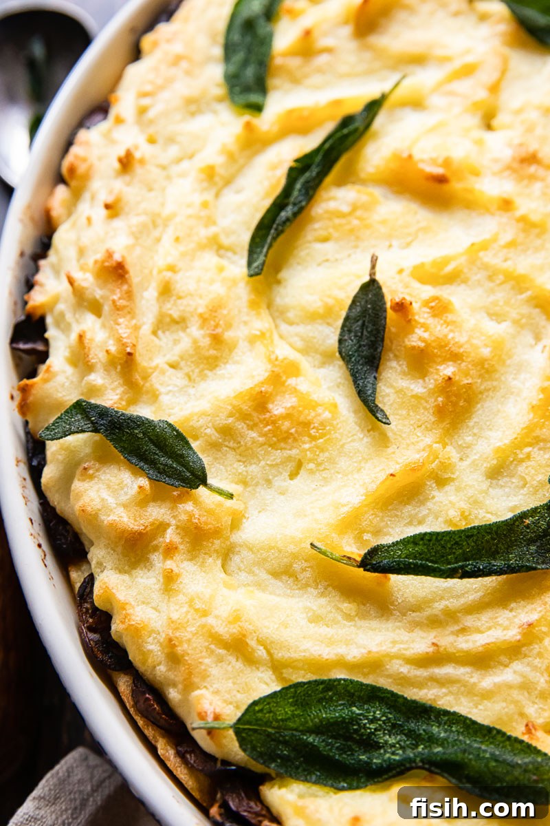 Creamy Potato Bake with Caramelized Onions and Mushrooms 6 Closeup of the beautifully baked and golden-brown mashed potato casserole ready to be served