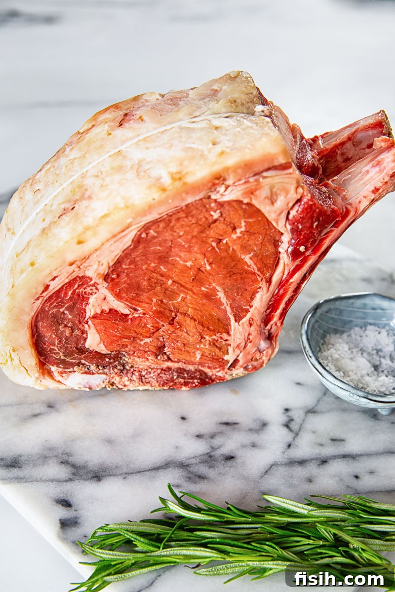 Zesty Honey Mustard Crusted Prime Rib Roast 3 uncooked rib of beef on marble