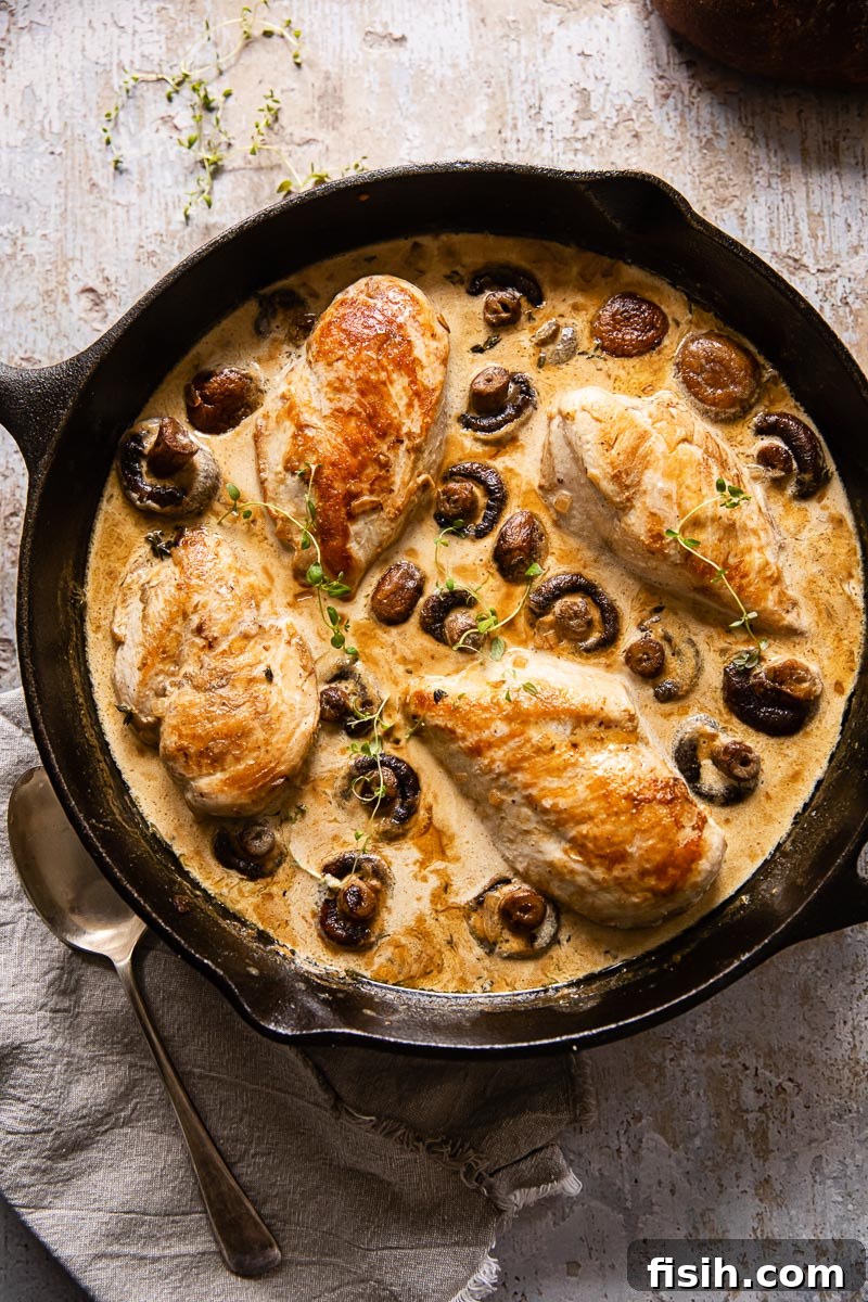 Chicken Supreme in Velvety White Wine Mushroom Cream 4 Top-down view of Chicken Supreme with whole mushrooms swimming in a rich cream sauce, served directly in a rustic cast iron skillet.