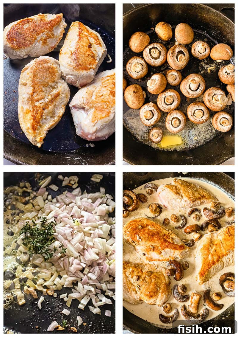 Chicken Supreme in Velvety White Wine Mushroom Cream 5 A visual guide showing the progression of cooking Chicken Supreme: searing chicken, sautéing mushrooms, building the sauce, and the finished dish.