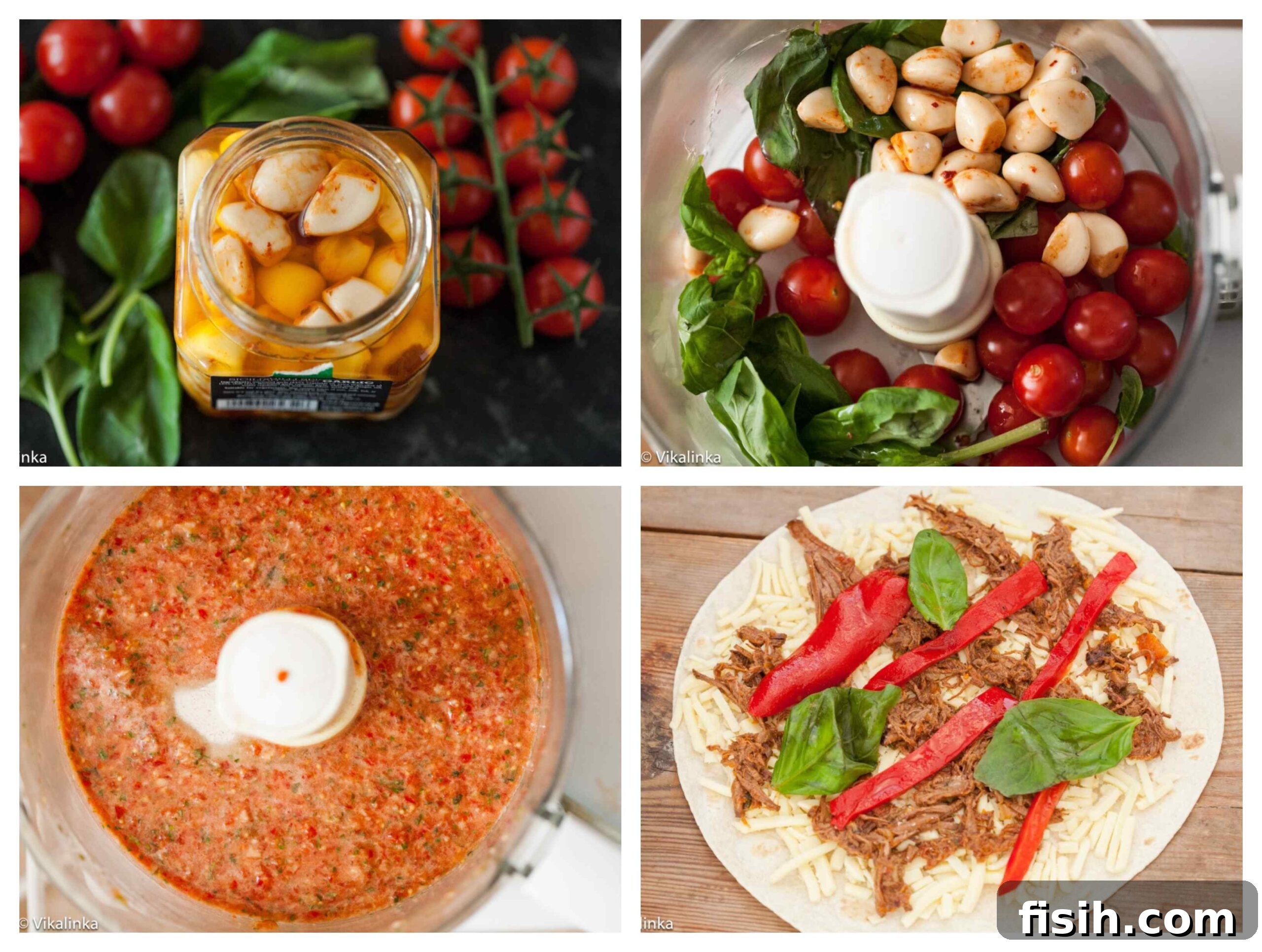 Step-by-step process of assembling an Italian Beef Quesadilla, showing ingredients layered on a tortilla.