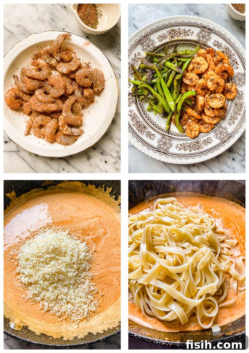 Bayou Blast Shrimp Pasta 5 Step-by-step process of making Cajun shrimp pasta, showing seasoning shrimp, cooking vegetables, and combining ingredients