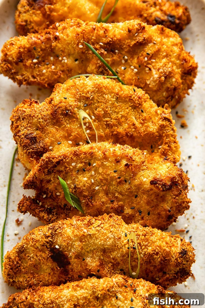 Close-up of golden brown, crispy Air Fryer Chicken Katsu