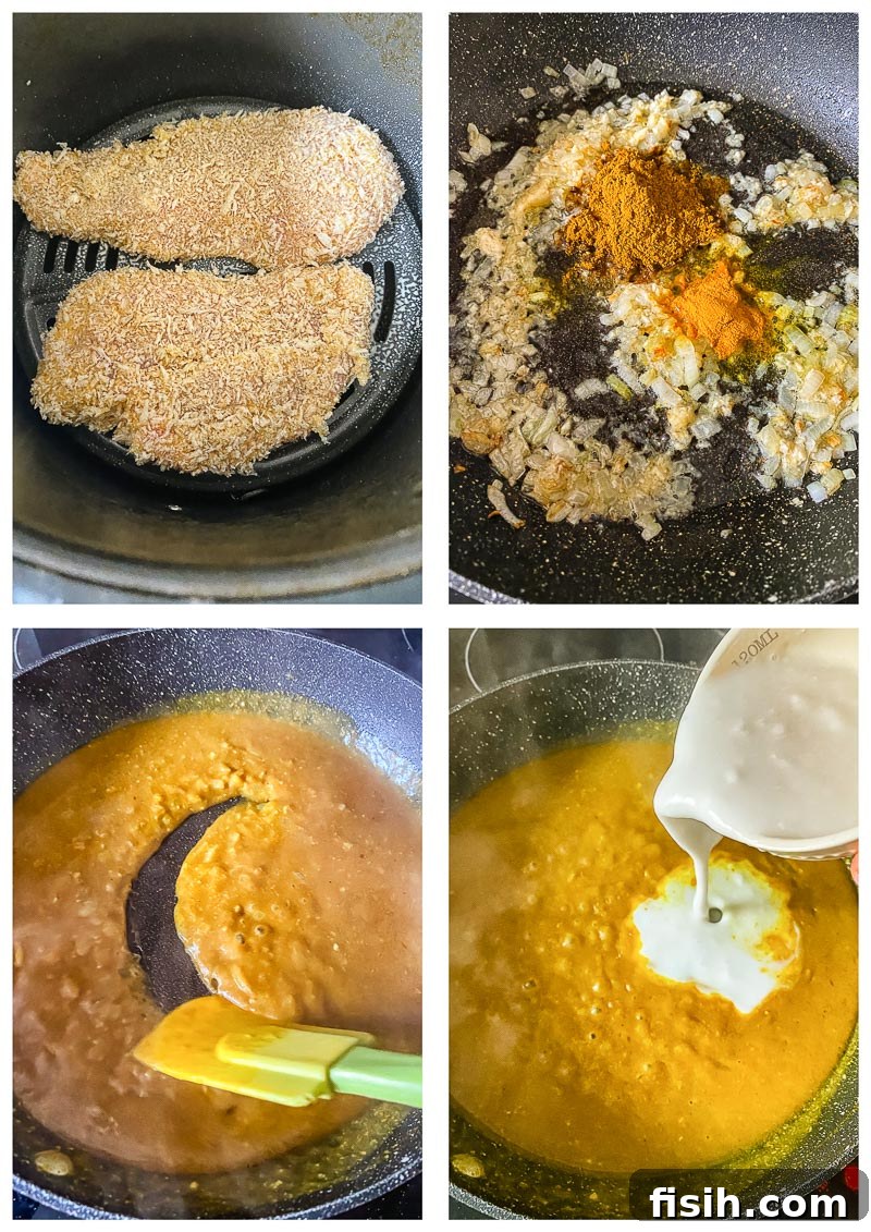 Collage of chicken Katsu curry recipe steps, from breading to serving