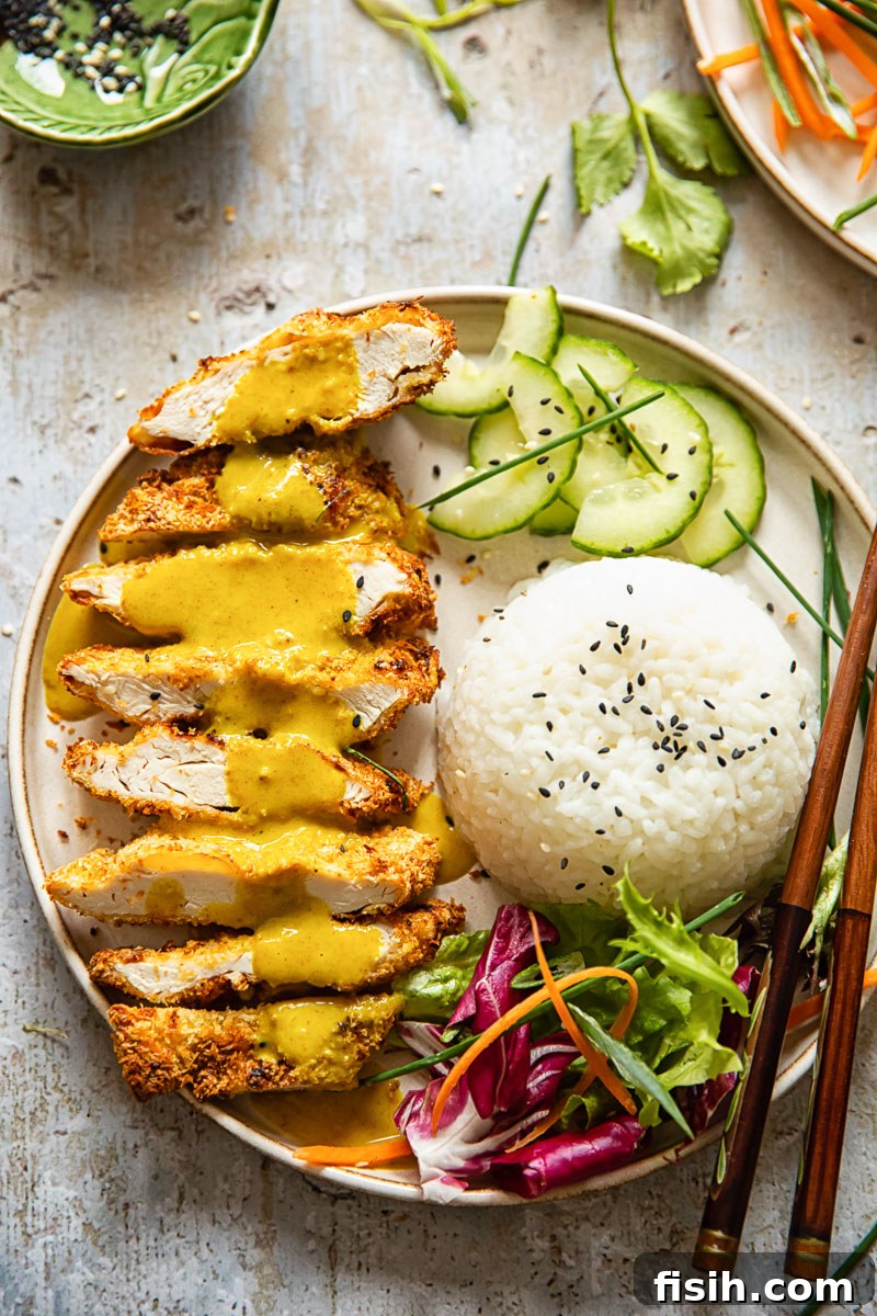 Top-down view of a complete plate of Chicken Katsu Curry with rice, sliced cucumber, and a side salad