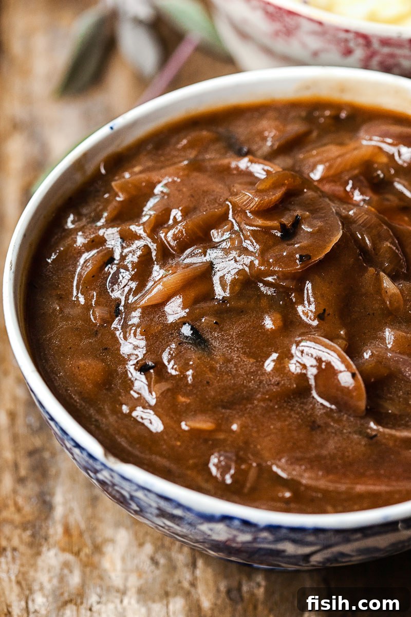 Side view of luscious homemade onion gravy in a bowl, ready to be served.