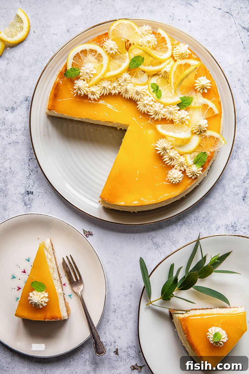 top down view of lemon cheesecake with two slices cut out of it and placed on plates