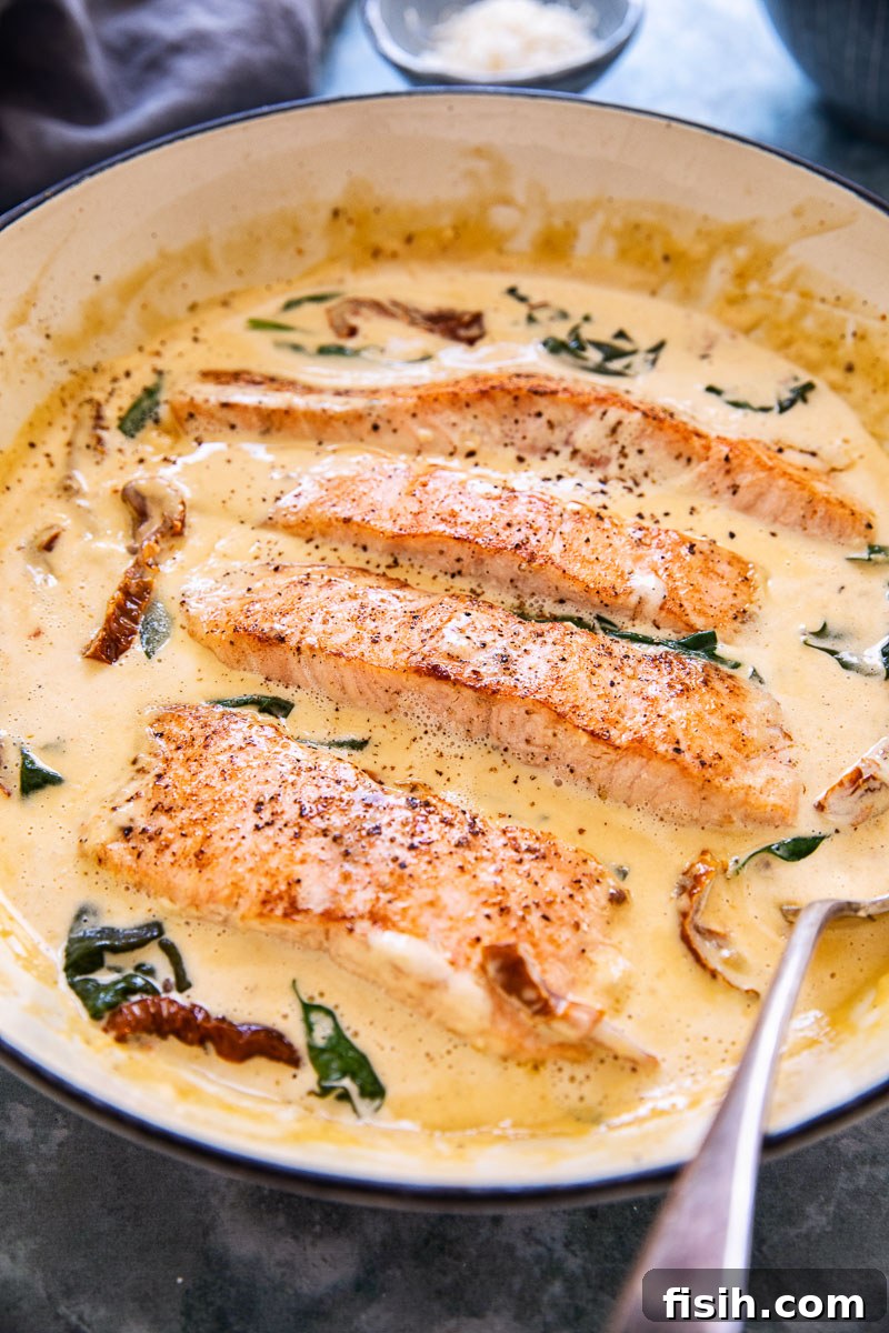 salmon in cream sauce in a while pan
