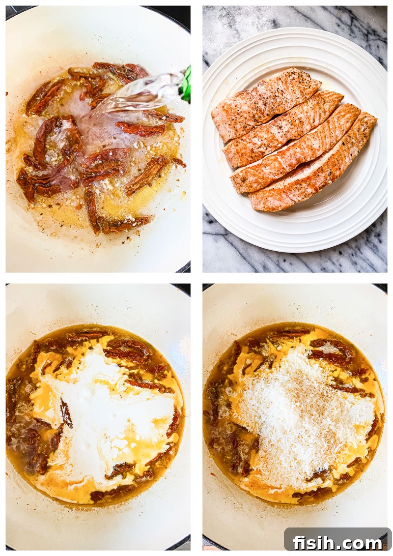 Four process images focusing on how to make the sauce