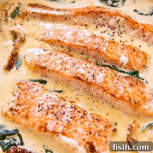 salmon in cream sauce with sun-dried tomatoes and spinach