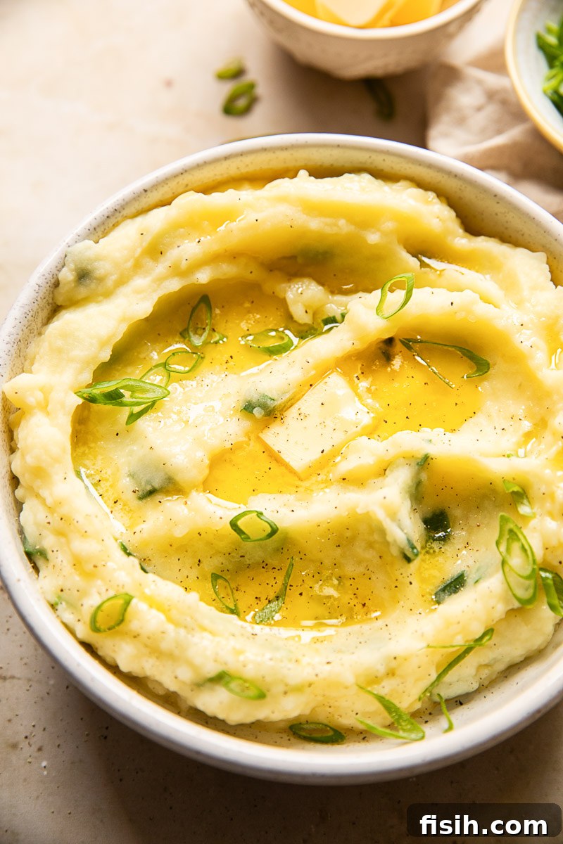 A bowl of creamy Irish Champ, topped with melted butter and fresh sliced green onions, ready to be served as a comforting side dish.