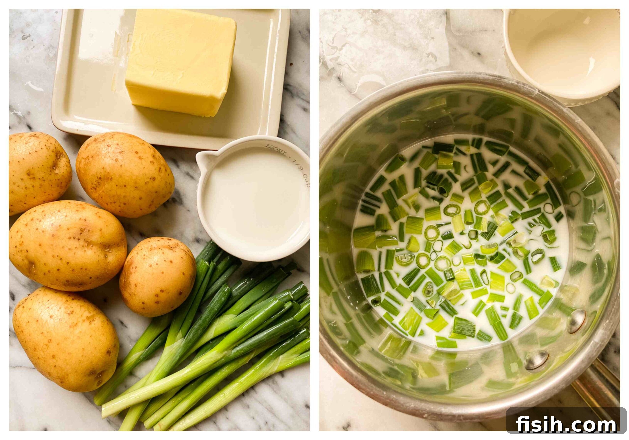A visual guide showing the process of making Irish Champ: green onions steeping in milk, boiled potatoes, and the final mash ingredients.