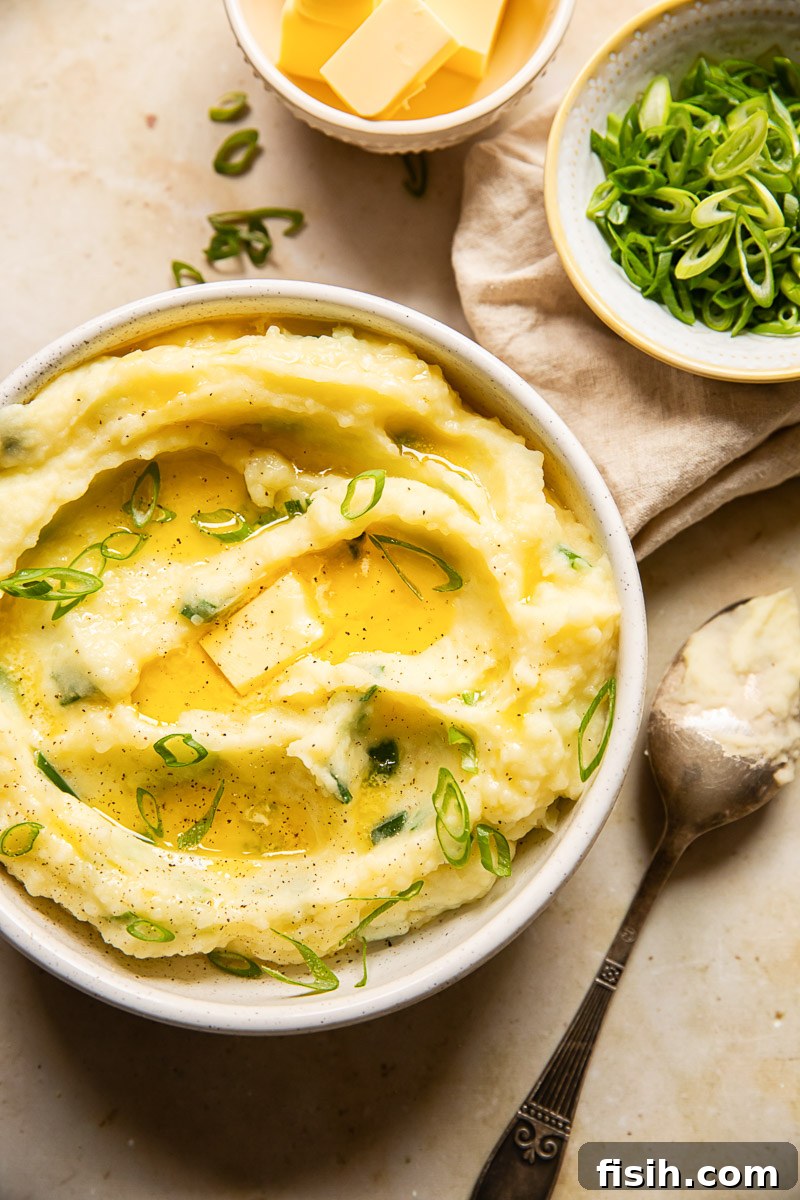 A top-down view of a bowl of Irish Champ, rich with butter and green onions, with a spoon resting in it and fresh ingredients beside.