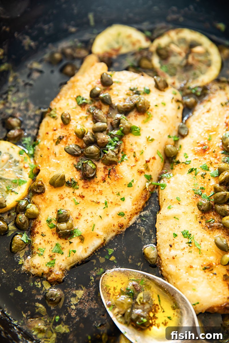 Tender sole fish cooked in a lemon butter sauce with capers in a cast iron pan, ready to be served.