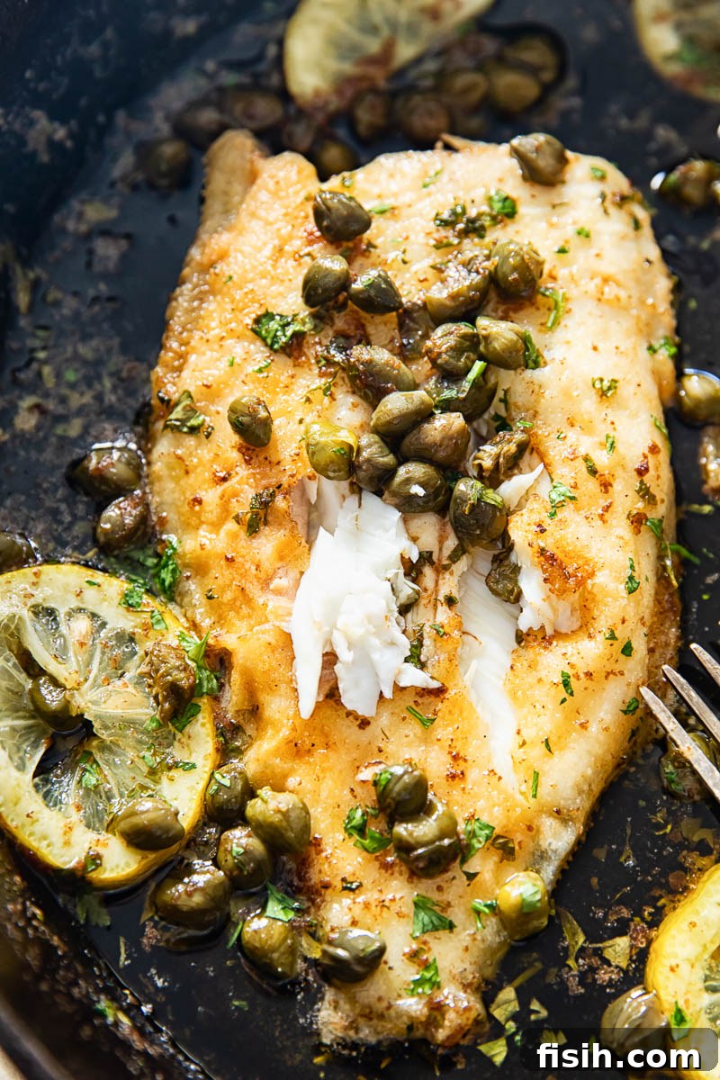 Close-up of perfectly cooked sole fillet generously topped with capers and fresh lemon slices in a cast iron pan.