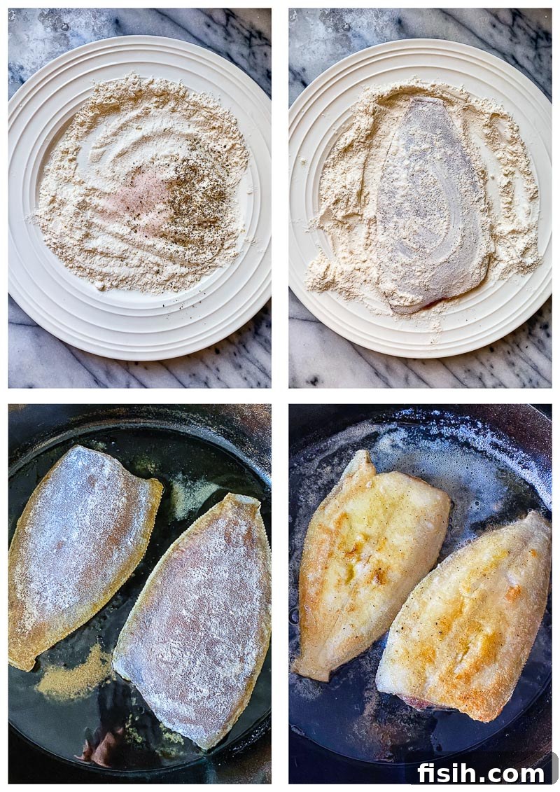 Four process images illustrating the steps to coating and frying sole fillets for Sole Meuniere.