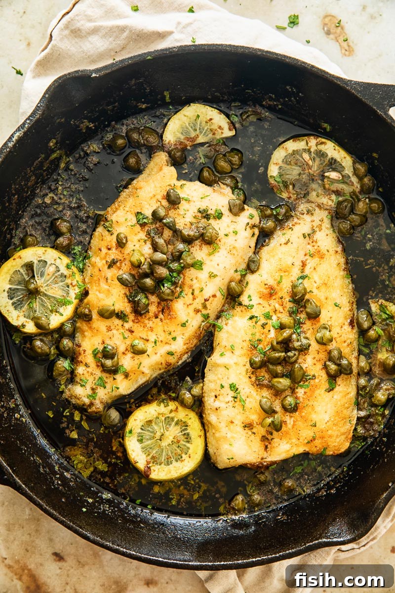 Two perfectly cooked sole fish, topped with capers and fresh lemon slices, glistening in lemon butter sauce in a cast iron pan.