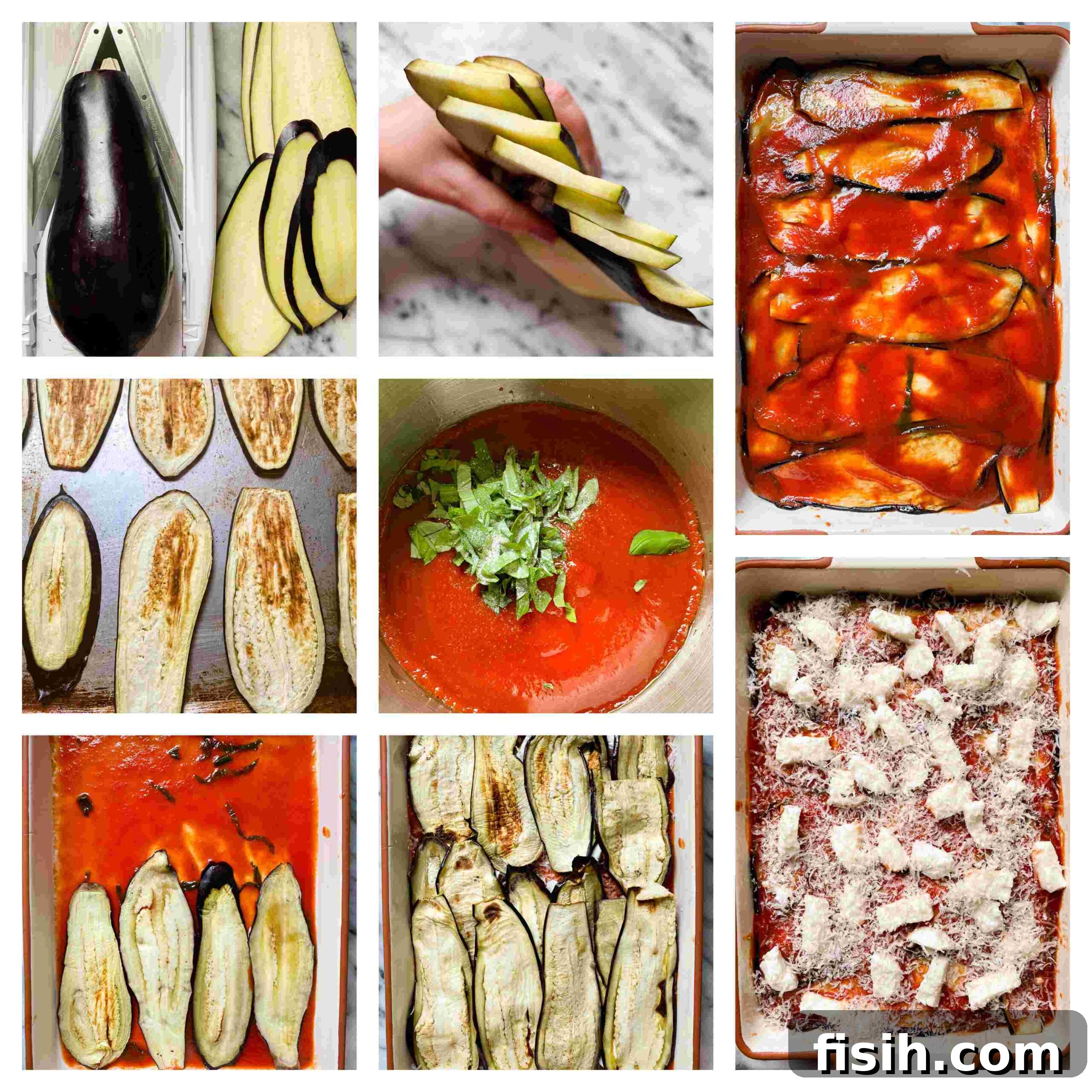 Guilt-Free Eggplant Parmigiana 5 A visual step-by-step guide showing the process of making Eggplant Parmesan, from slicing the eggplant to assembling the layers in a baking dish.