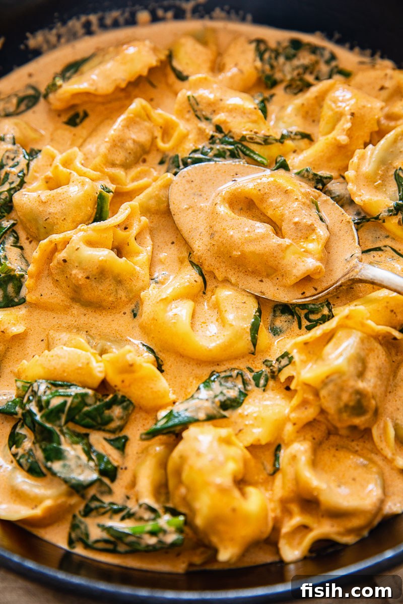 Tortelloni in a vibrant creamy tomato sauce with fresh spinach, ready to be served for a quick weeknight dinner.
