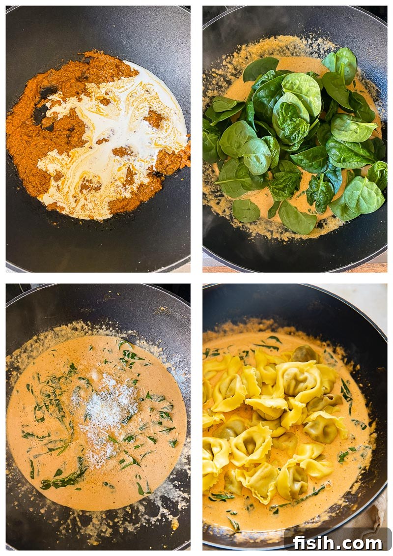 Step-by-step process images showing how to prepare the creamy tomato sauce for tortelloni.