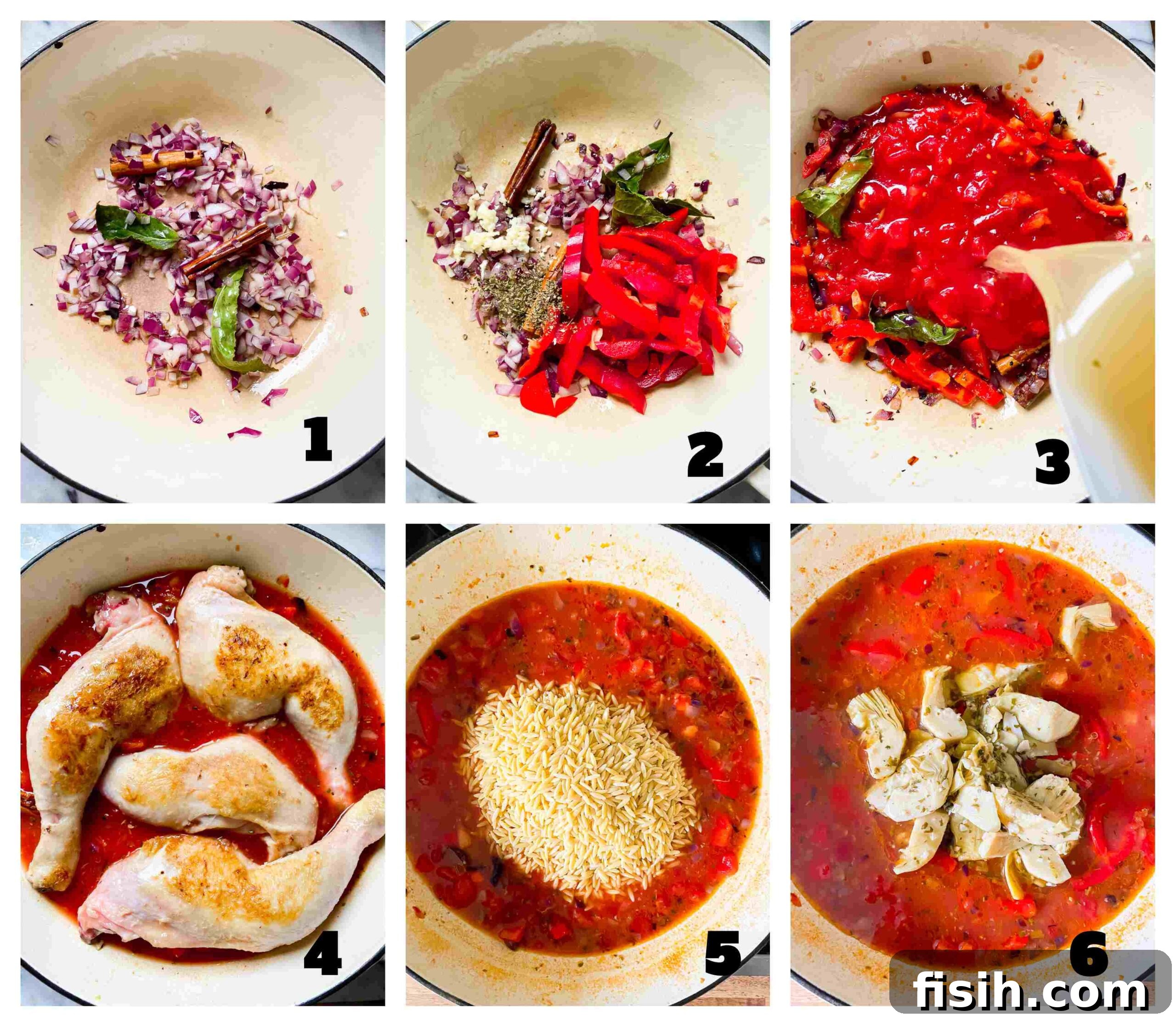 Step-by-step images illustrating the process of assembling the Greek chicken and orzo dish.