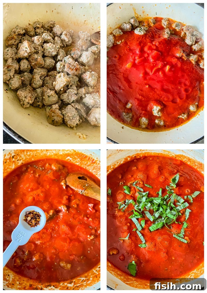 Zesty Sausage Pasta with Creamy Ricotta 5 A collage of process images showing the steps to prepare spicy sausage pasta, from cooking sausage to mixing with sauce.