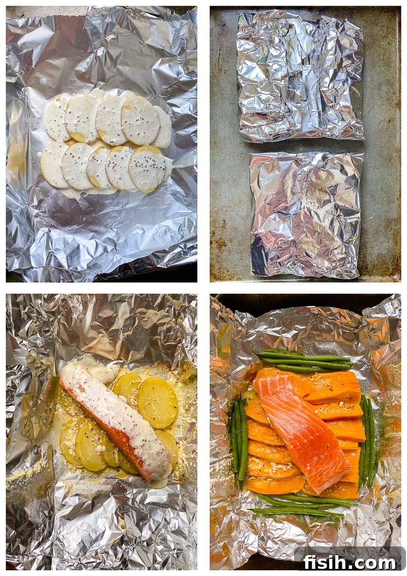 Campfire Salmon and Potato Foil Packs 4 process images for making salmon in foil packets