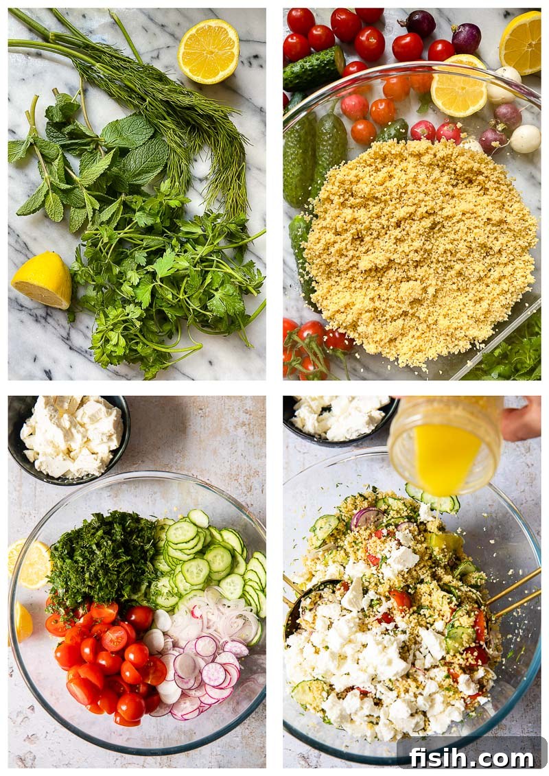 Close-up process images showing the preparation of couscous salad ingredients, including chopped herbs, vegetables, and the cooked couscous.