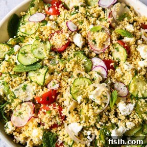 top down view of couscous salad with vegetables and feta
