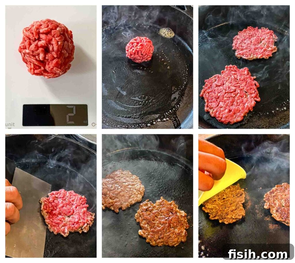 Step-by-step process of making smash burgers, showing ground beef balls, smashing, and cooking in a pan