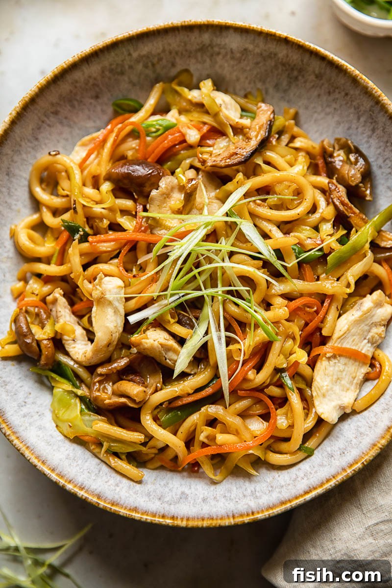 Wok-Fired Chicken Udon Noodles 3 Top down view of a vibrant bowl of chicken yaki udon