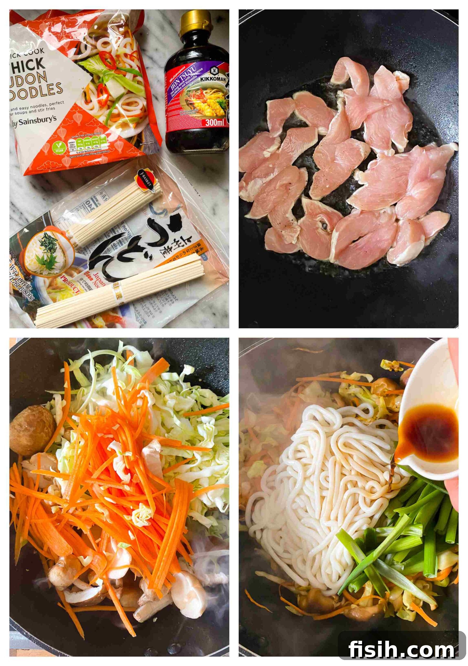 Wok-Fired Chicken Udon Noodles 4 Step-by-step process of cooking chicken yaki udon in a wok