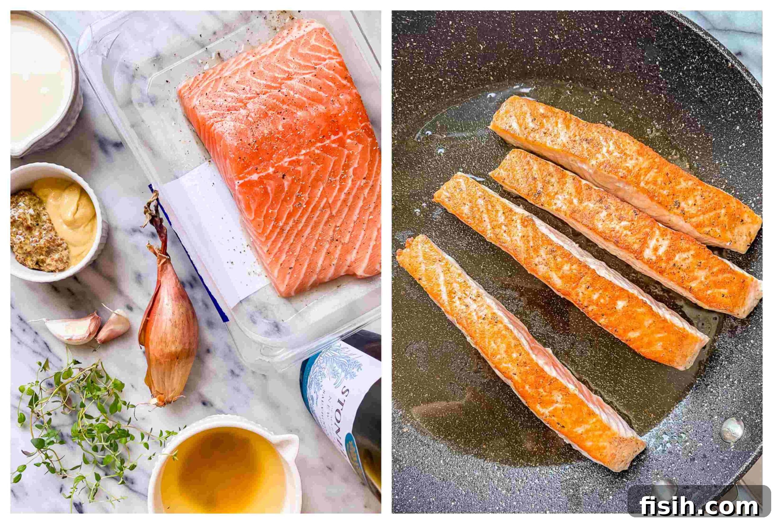 Pan-Seared Salmon with Tangy Creamy Mustard 3 Process images showing salmon fillets being pan-seared.