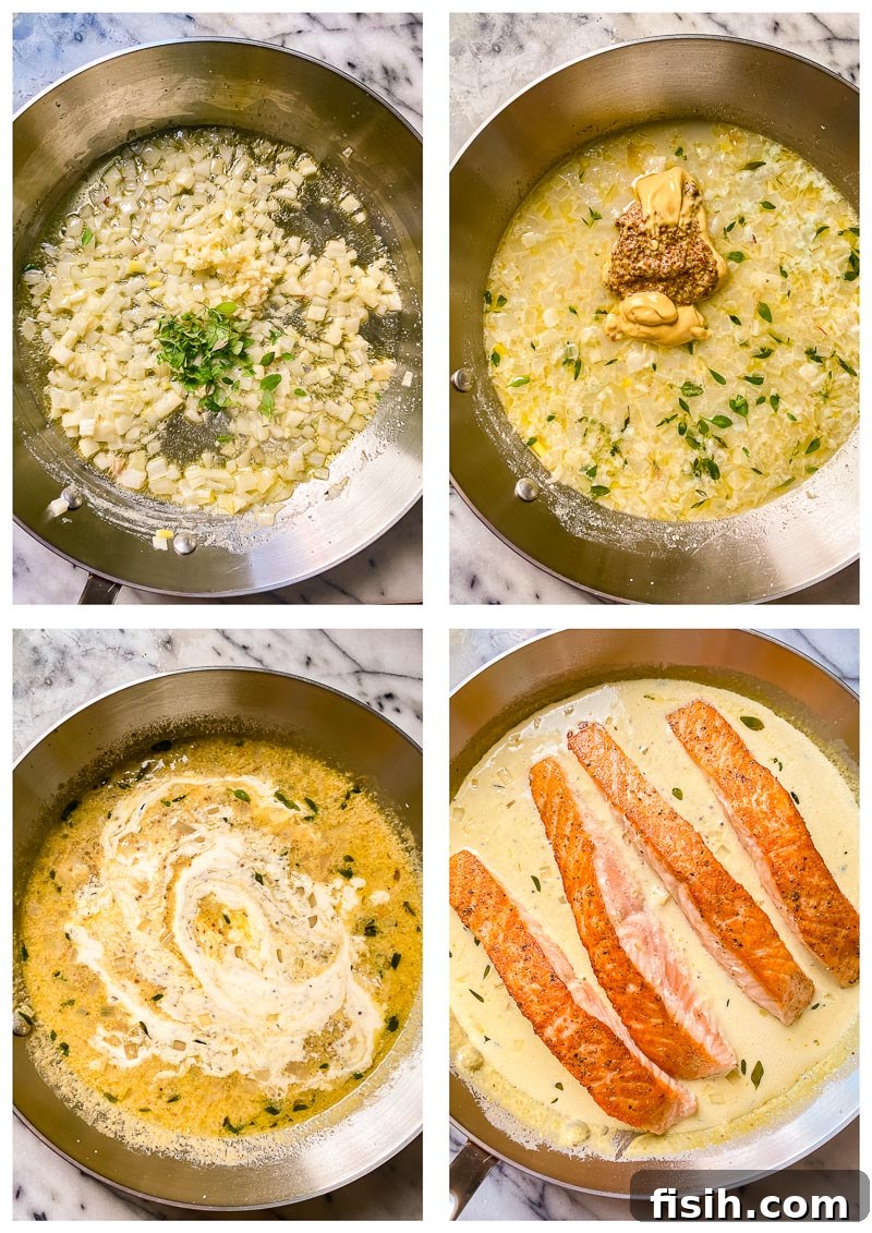 Pan-Seared Salmon with Tangy Creamy Mustard 4 Process images showing the creation of the mustard cream sauce.
