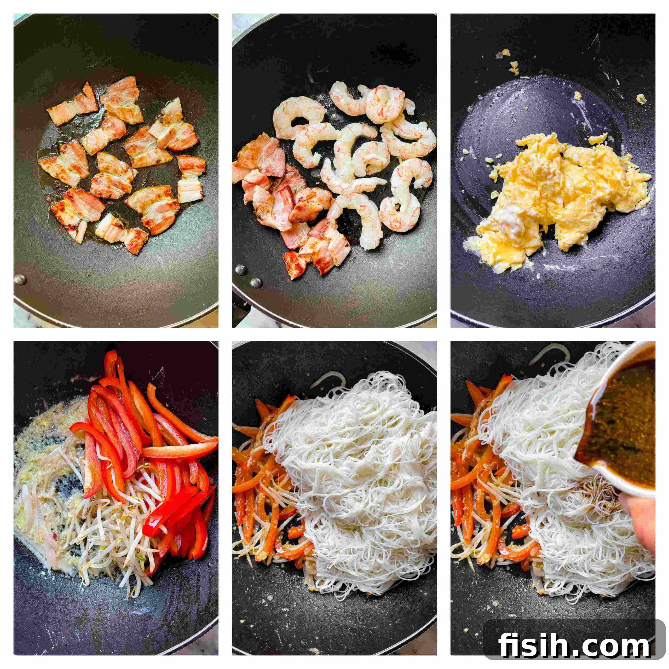 Collage of step-by-step process images showing the preparation of Singapore Noodles, including ingredients, stir-frying, and final assembly