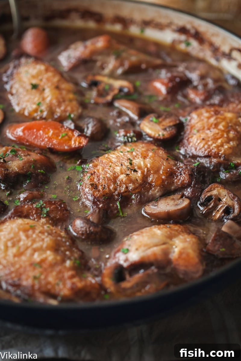 side shot of chicken coq au vin