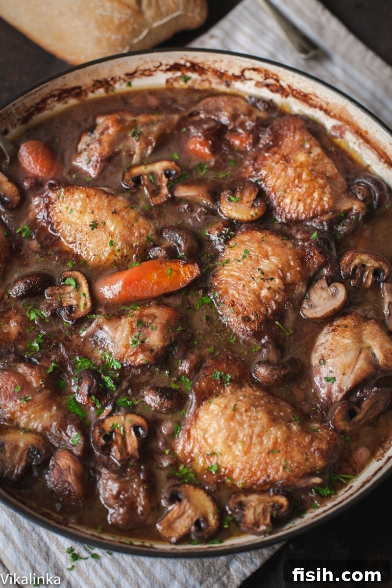 top down view of the stew with carrots and mushrooms in a cast iron pan