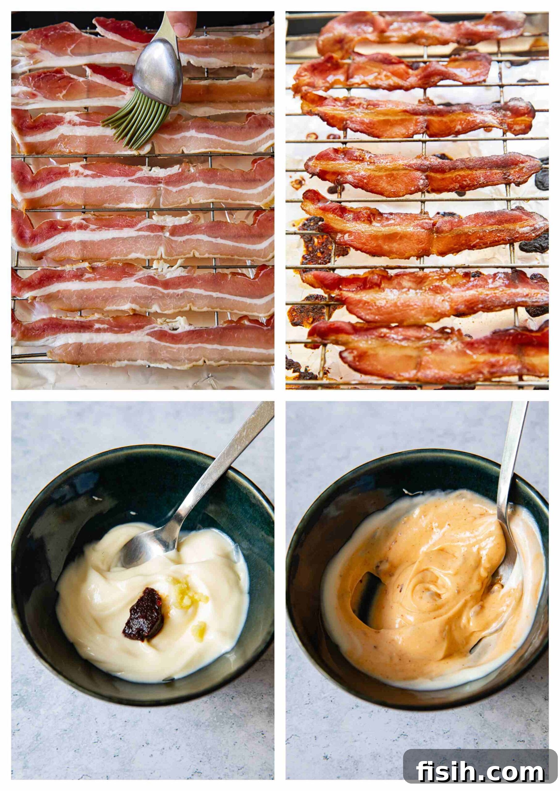 A composite image showing both raw and cooked maple-glazed bacon strips, alongside a blue bowl of creamy chipotle sauce, highlighting key ingredients.