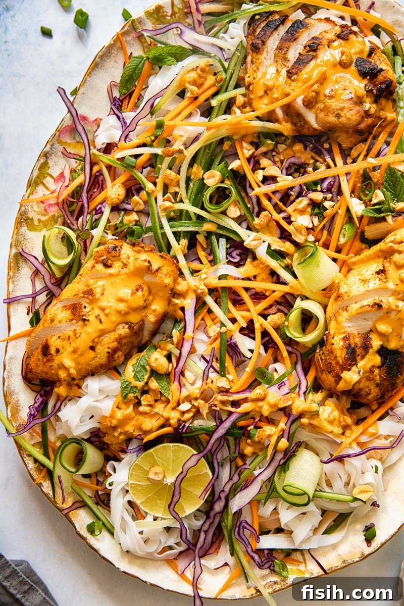 Top-down view of perfectly grilled chicken breasts with a rich peanut sauce, artfully arranged on a colorful bed of rice noodle and vegetable salad.