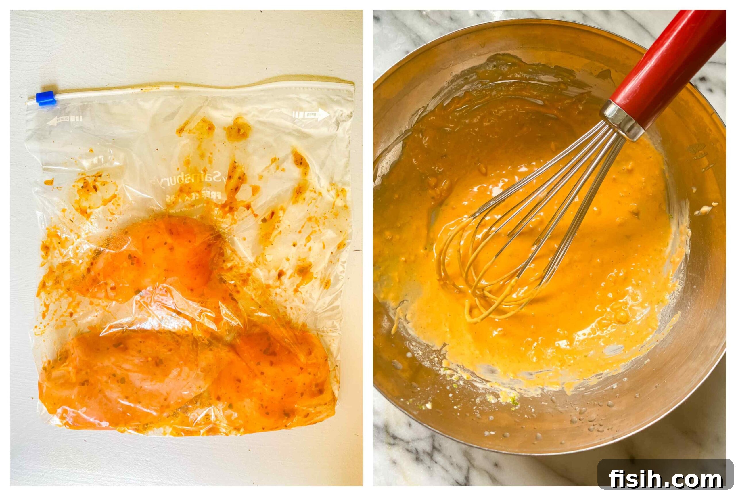 Chicken breasts marinating in a resealable bag alongside a bowl of creamy, spicy peanut sauce with a whisk, ready for grilling.