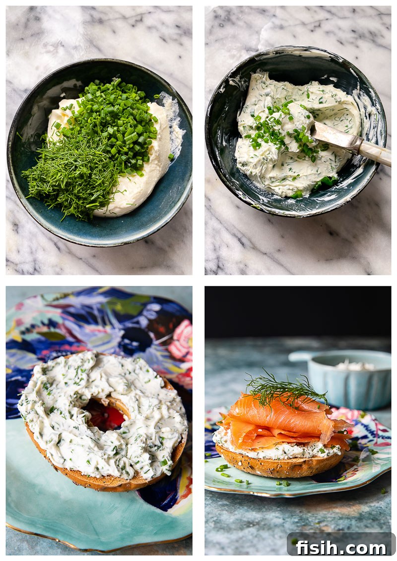A step-by-step visual guide showing the assembly process of the breakfast bagel sandwich, from spreading cream cheese to adding salmon and egg.