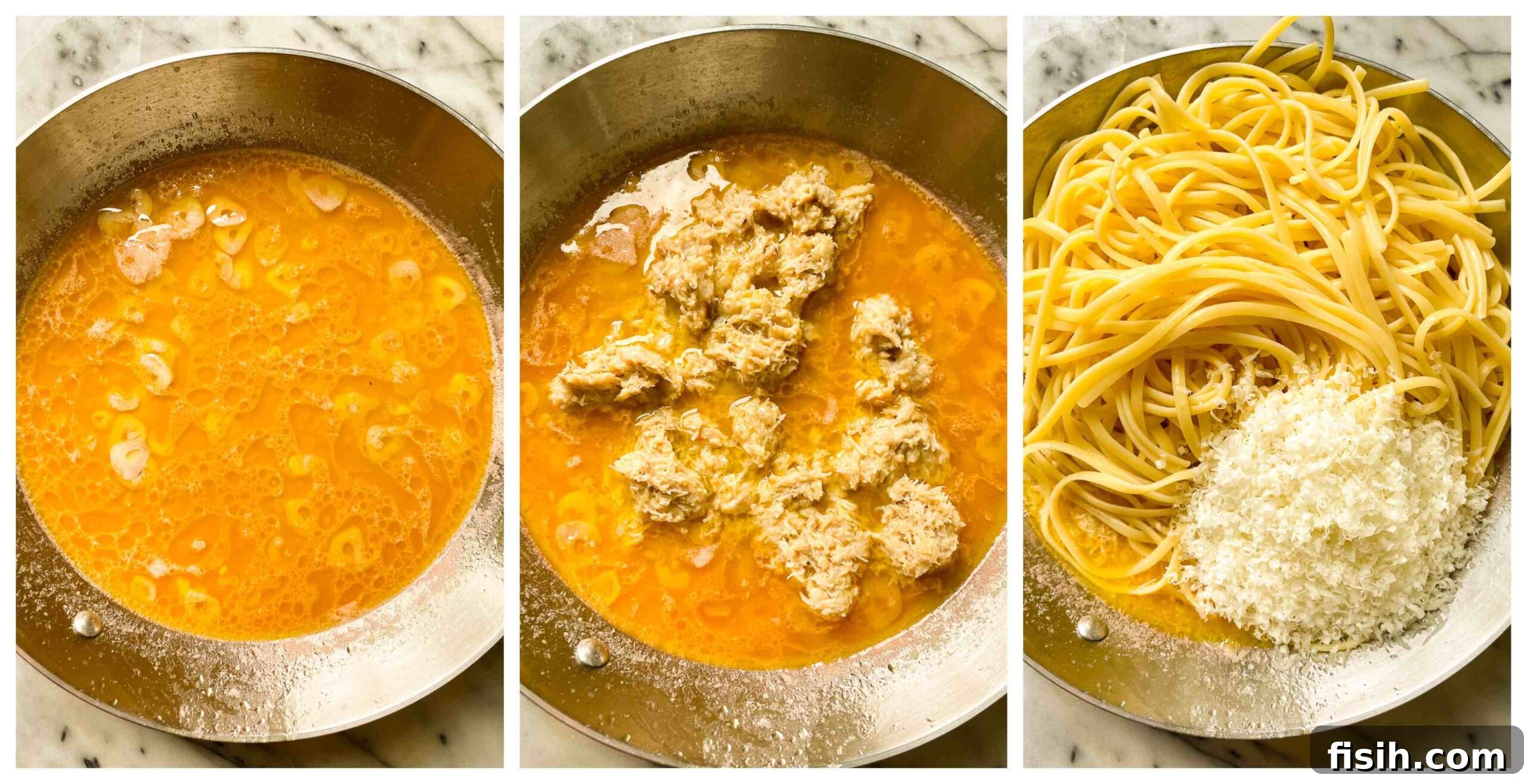 Collage of process images showing key steps to prepare crab pasta, from cooking linguine to adding sauce and crab meat.