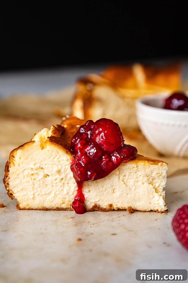 Side view of a slice of creamy Burnt Basque Cheesecake generously topped with bright red raspberry compote.