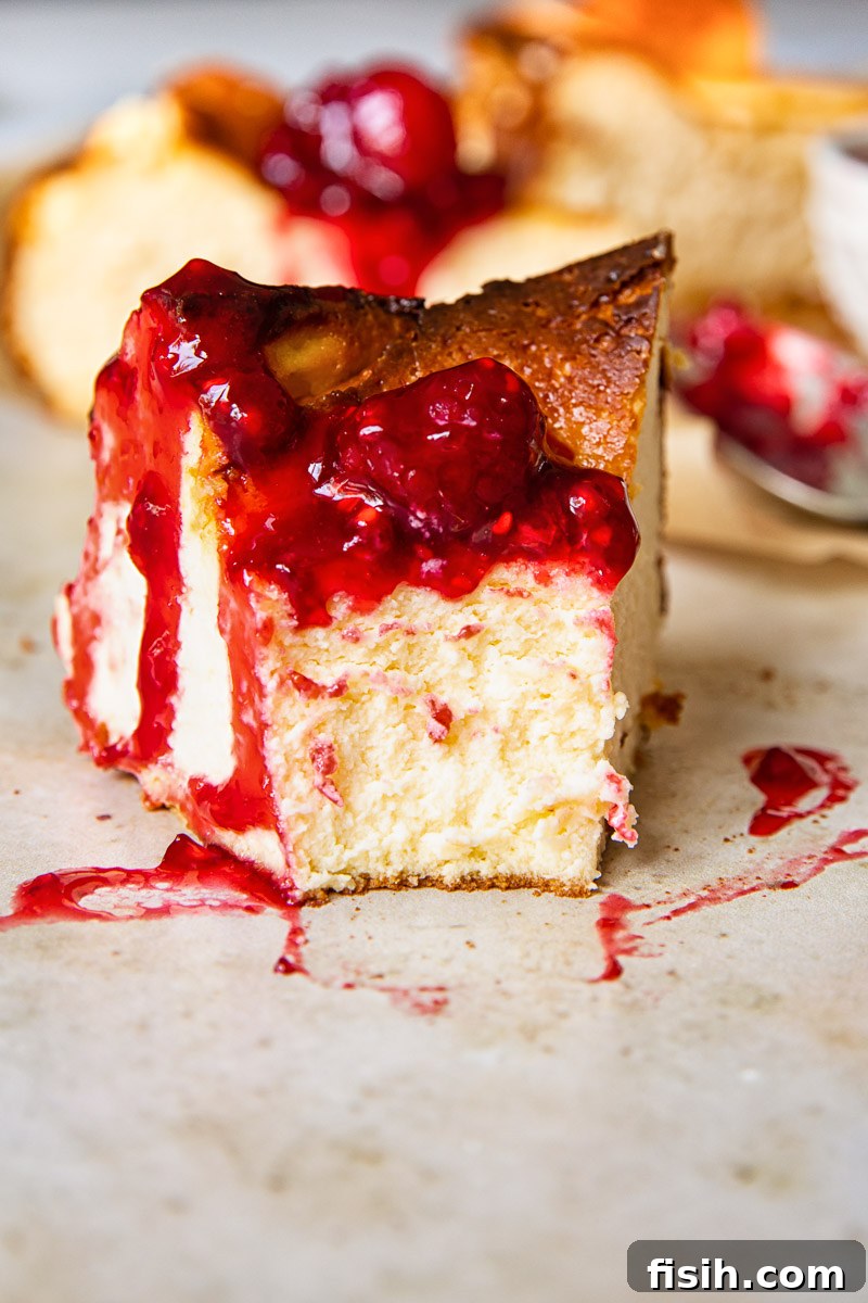 A beautiful slice of creamy Basque cheesecake topped with fresh raspberries, perfectly plated and ready to be served.