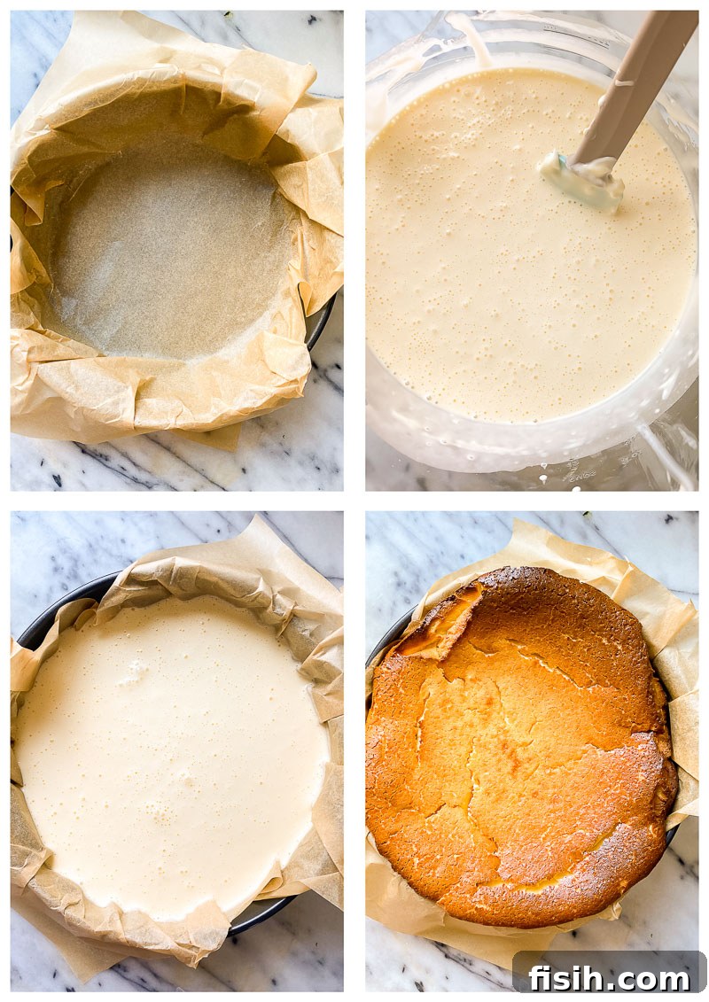 Step-by-step process images for making Burnt Basque Cheesecake, showing lining the pan with parchment paper, mixing the creamy batter, and the cheesecake baking in the oven.