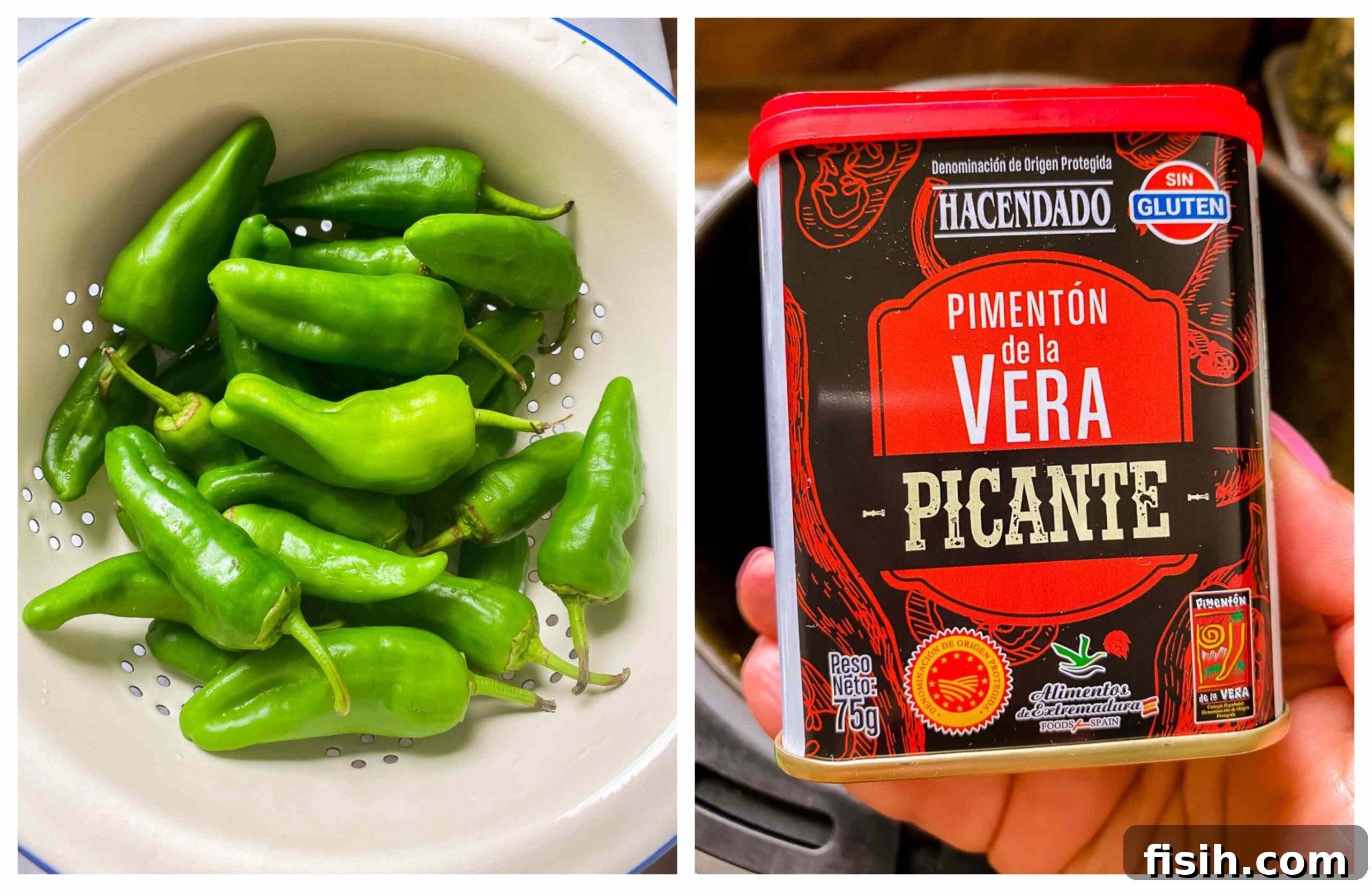 padron peppers and Spanish paprika, illustrating the ingredients for this tapa