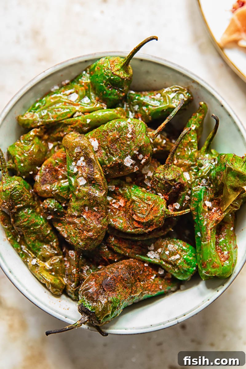 top down view of cooked Padron peppers in a bowl, ready to serve as a Spanish tapa