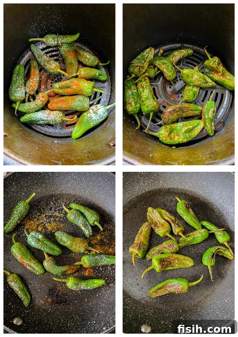 padron peppers cooking process images for both pan-frying and air frying methods
